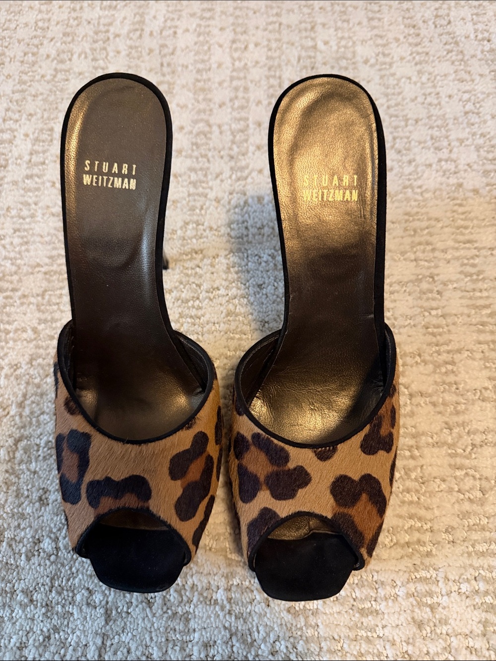 Stuart Weitzman Leopard Haircalf Peep-Toe Heels- Brown/Black